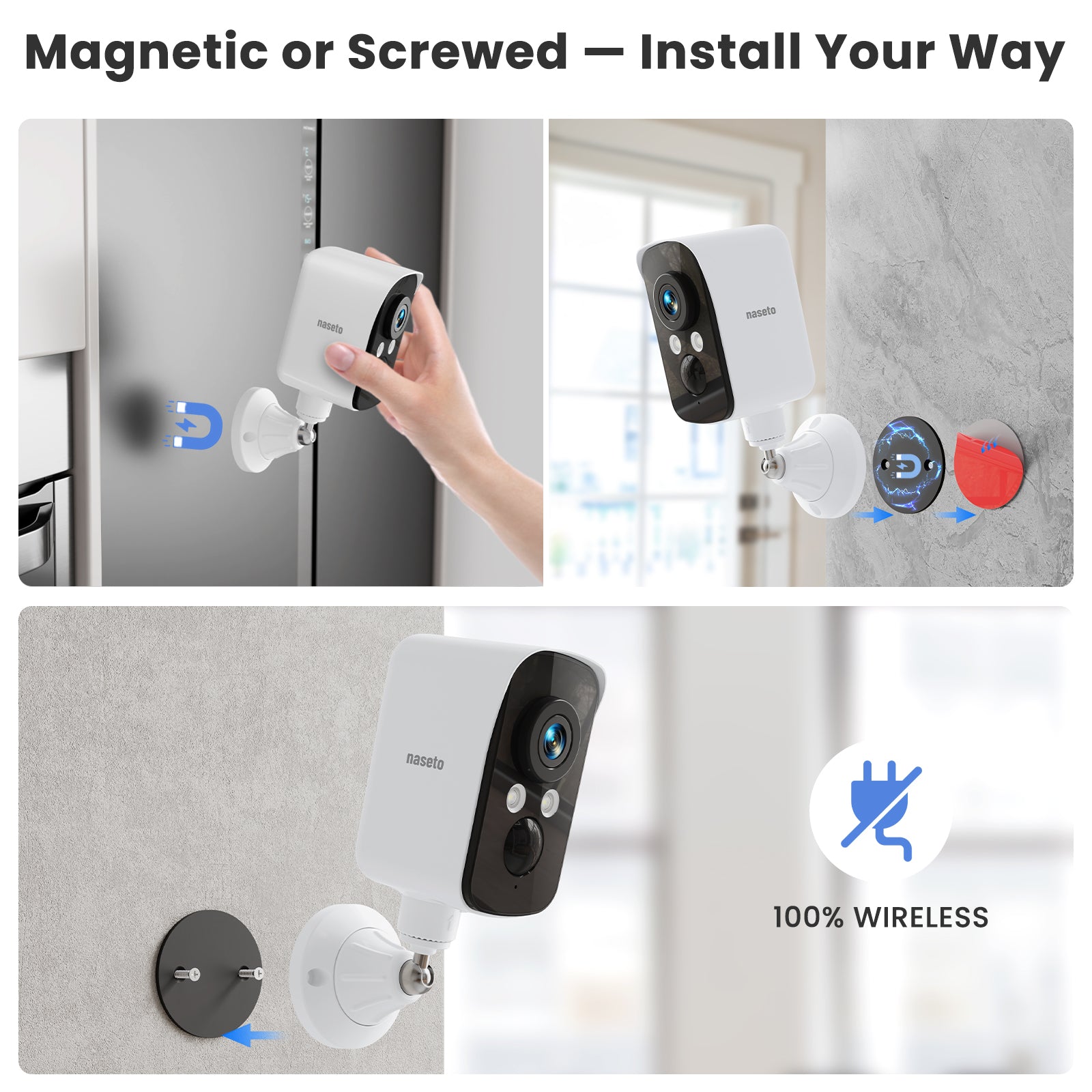 Naseto  300° Pan Wireless Outdoor Security Camera, Magnetic Mount, Battery Powered Cam Indoor, 2.4G WiFi, 2K, AI Detection, Night Vision, 2-Way Talk, Lifetime 7-Day Cloud/SD Storage, for Home Security, IP65